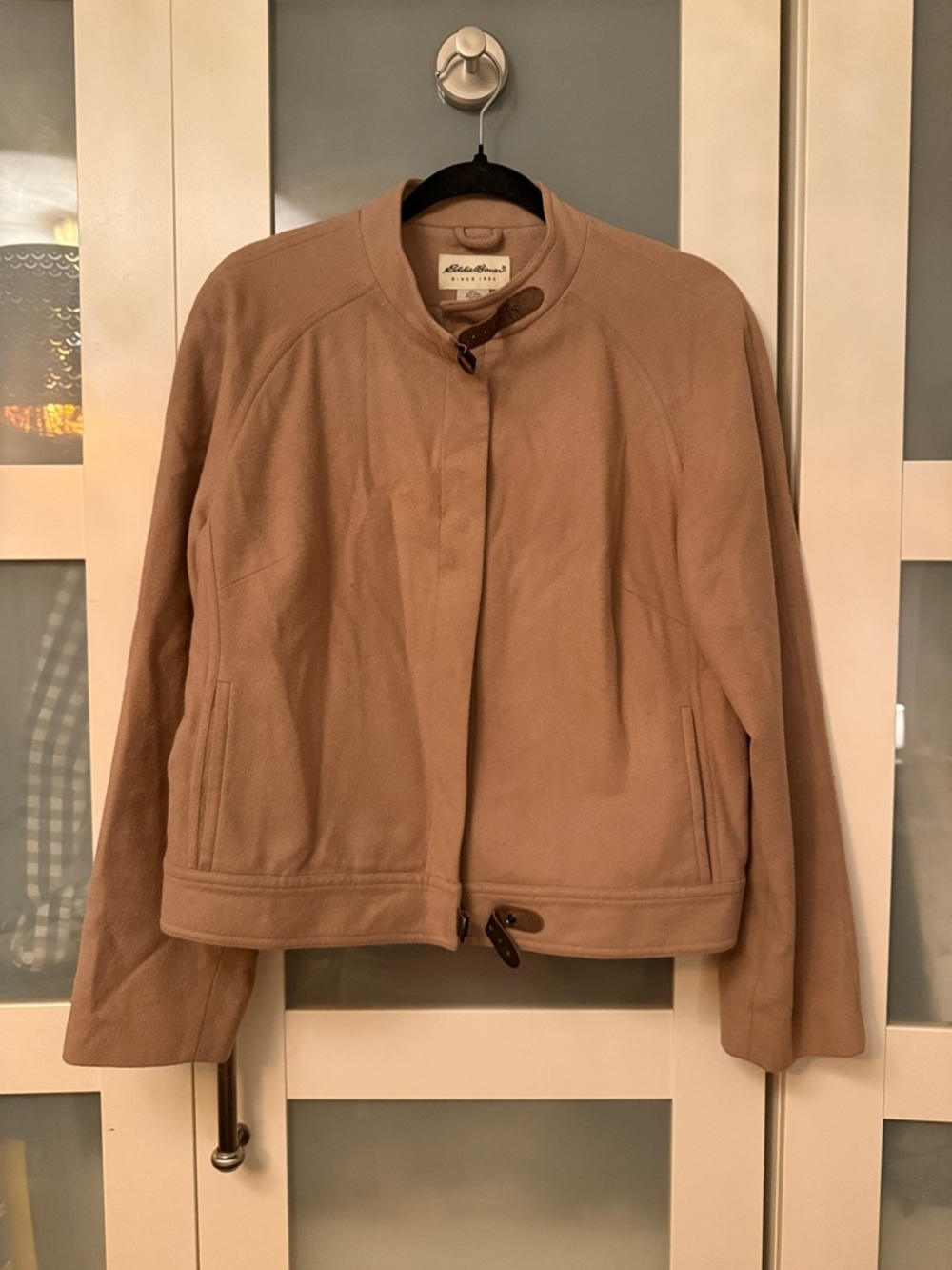 Eddie Bauer Women's Tan Collarless Wool-Blend Coat Large
